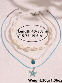 Tropiscape 3pcs/Set Blue Starfish & Seashell Pendant Beaded Necklace, Beach & Ocean Style Women's Jewelry Vacay Vibes Vacation Relax Beach
