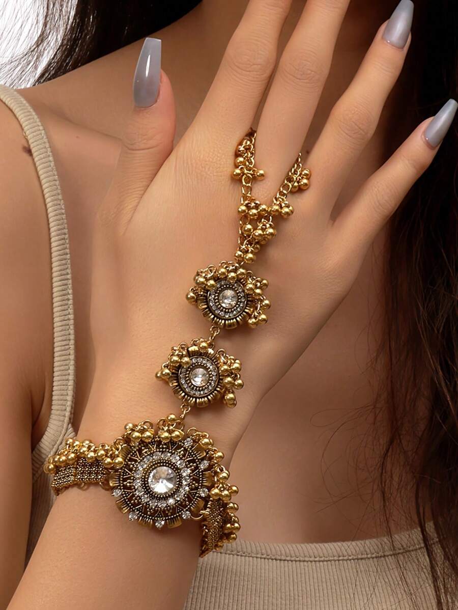 1pc Vintage And Style Tassel Ring Bracelet Metal Handmade Round Disc With Rhinestones - Finger Bracelet - View 1