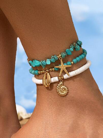 3pcs/Set Turquoise Stone Chip Beads & Soft Ceramic Beaded Anklet With Oceanic Starfish & Seashell Pendant, Bohemian Beach Vacation Style, Suitable For Daily Wear