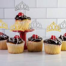 10 piezas de Toppers de pastel con corona de princesa y brillo para fiesta de cumpleaños, celebración y decoración de aniversario de pastel - Multicolor - Ver 3