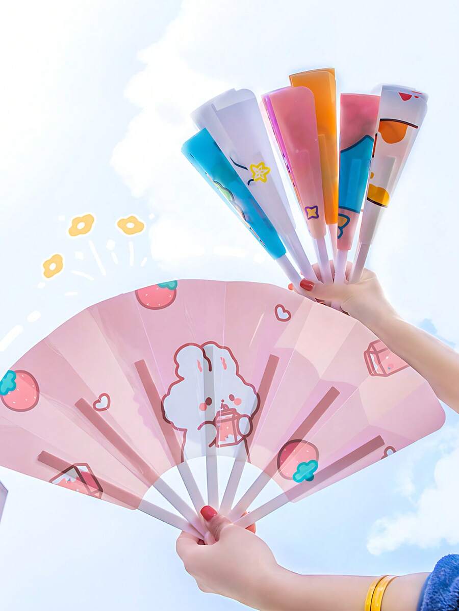 Cartoon Folding Fan Wedding Gift With Hand Gift Plastic Fan Handheld Seven Folding Fan Summer Hand Swing Small Fan - Multicolor - View 1