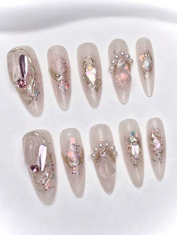 10pcs Handmade Natural Crystal Princess Nail Art, Detachable & Wearable, Luxurious Women's Accessories Perfect For High-End Parties, Festivals And Various Occasions