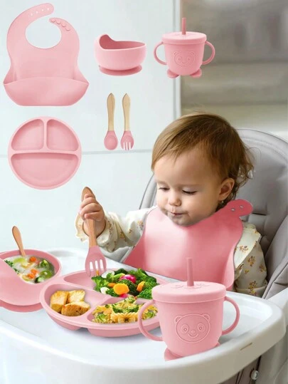 Set 5pcs Kit Para Comida Para Bebés Babero Cuenco De Silicona Cubiertos
