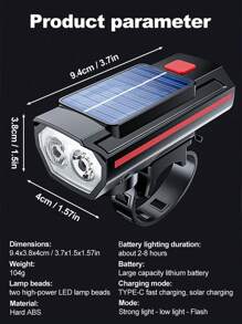 Conjunto de luces de bicicleta recargables USB alimentadas por energía solar, faro de bicicleta LED con luz de emergencia y bocina, resistente al agua, con 3 modos de iluminación