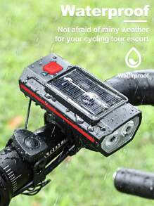 Conjunto de luces de bicicleta recargables USB alimentadas por energía solar, faro de bicicleta LED con luz de emergencia y bocina, resistente al agua, con 3 modos de iluminación