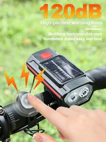 Conjunto de luces de bicicleta recargables USB alimentadas por energía solar, faro de bicicleta LED con luz de emergencia y bocina, resistente al agua, con 3 modos de iluminación