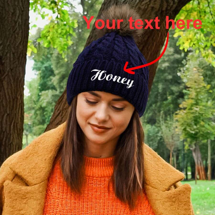 Mũ len mùa đông thêu tùy chỉnh, Tên/Biểu tượng thêu cá nhân, Mũ len Pom Pom, Quà tặng Giáng sinh - Màu xanh hải quân - Xem 1