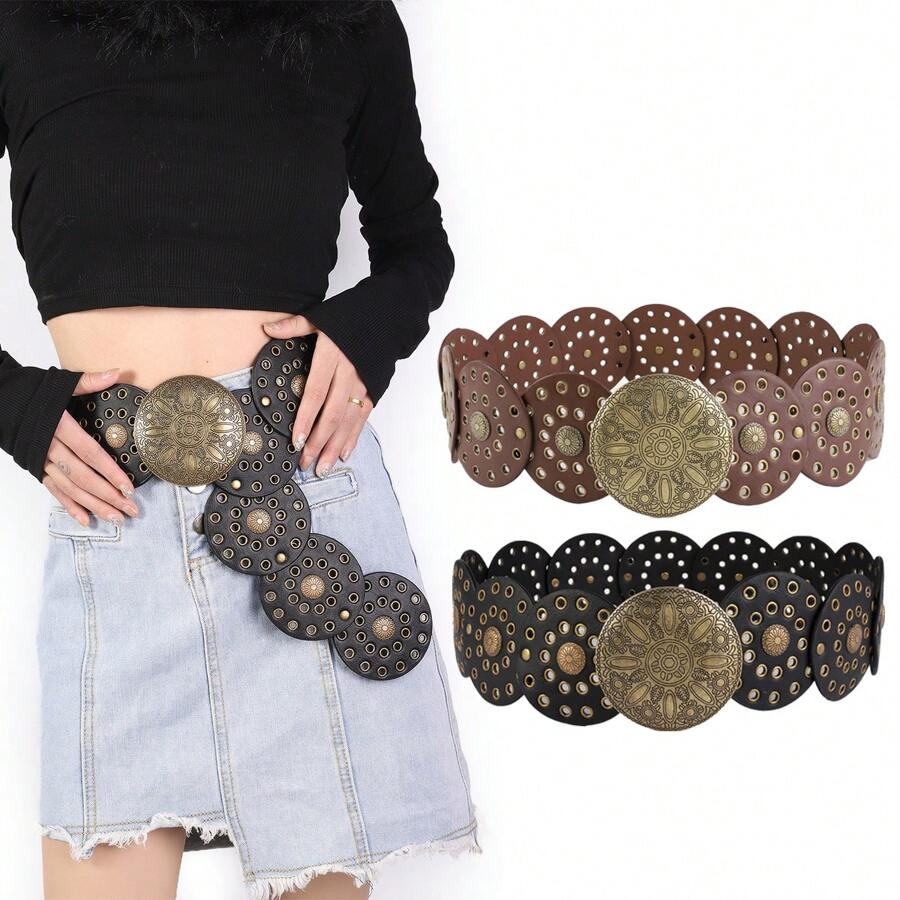 女士新款西式复古腰带、牛仔裤和连衣裙装饰腰带万圣节 - 咖啡 - 查看 1