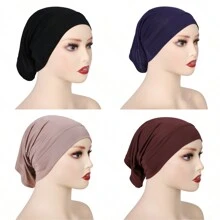 4 pièces/set Bonnet de voile de couleur unie respirant et élastique, turban, bonnet de cheveux, tour de tête pour abaya, vêtements voilés pour un usage quotidien