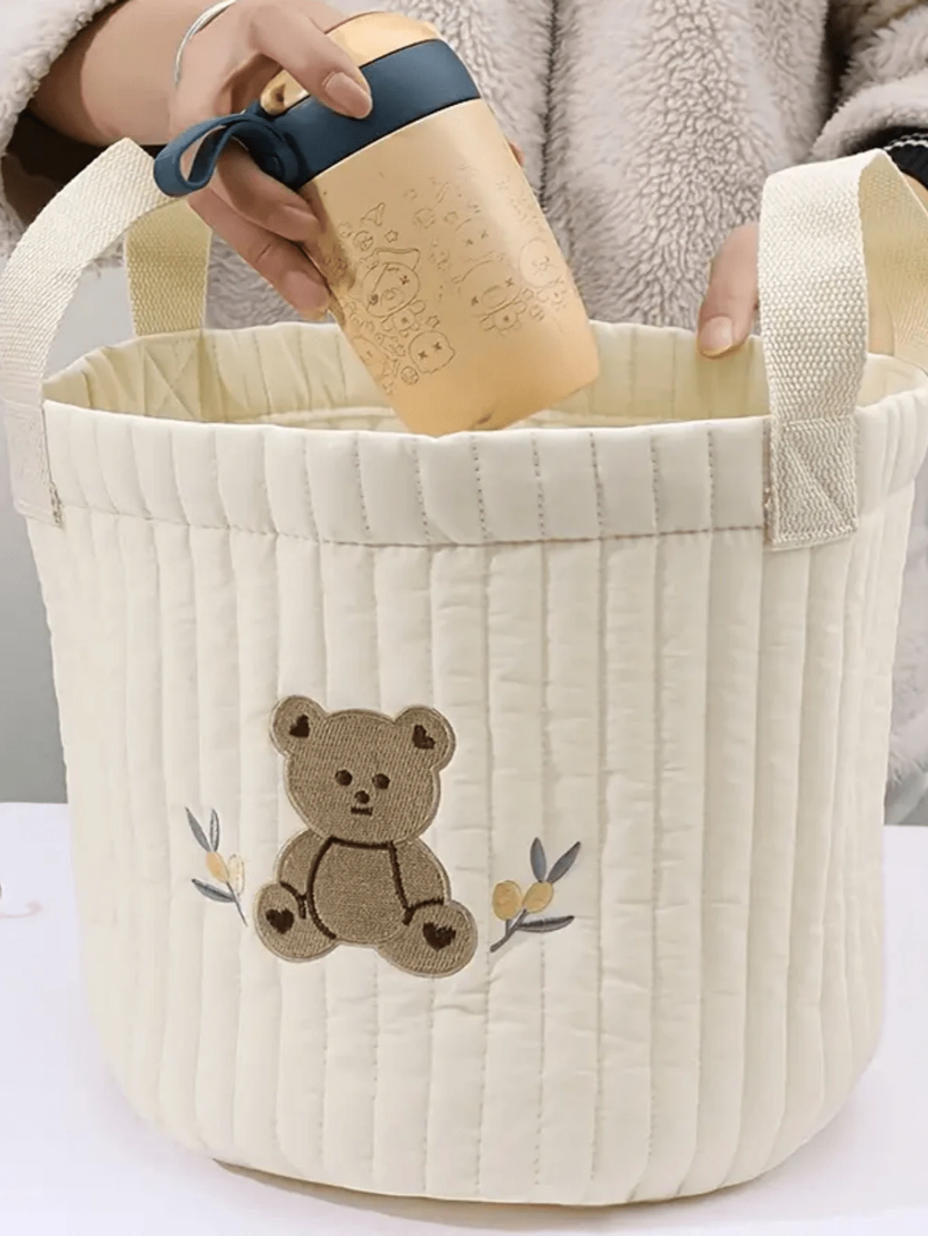 1pc Baby Beige Large Capacity Olive Bear Storage Bag, Handheld Diaper