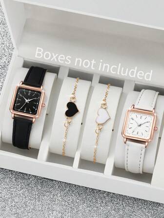 4 件套女士时尚简约方形表盘石英表 + 心形手链配皮表带，可作为返校学生的礼物