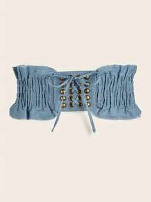 1 szt. Boho Marszczony Denim Pasek w Talii, Vintage Nitowany Pas Cincher Dla Kobiet, Uniwersalny Do Sukienek, Koszuli, Płaszczy, Odpowiedni Na Imprezę, Randki