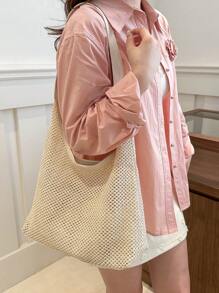 Túi tote đi biển màu rơm có sức chứa lớn - trắng - Xem 5