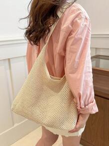 Túi tote đi biển màu rơm có sức chứa lớn - trắng - Xem 4