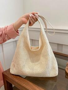 Túi tote đi biển màu rơm có sức chứa lớn - trắng - Xem 3