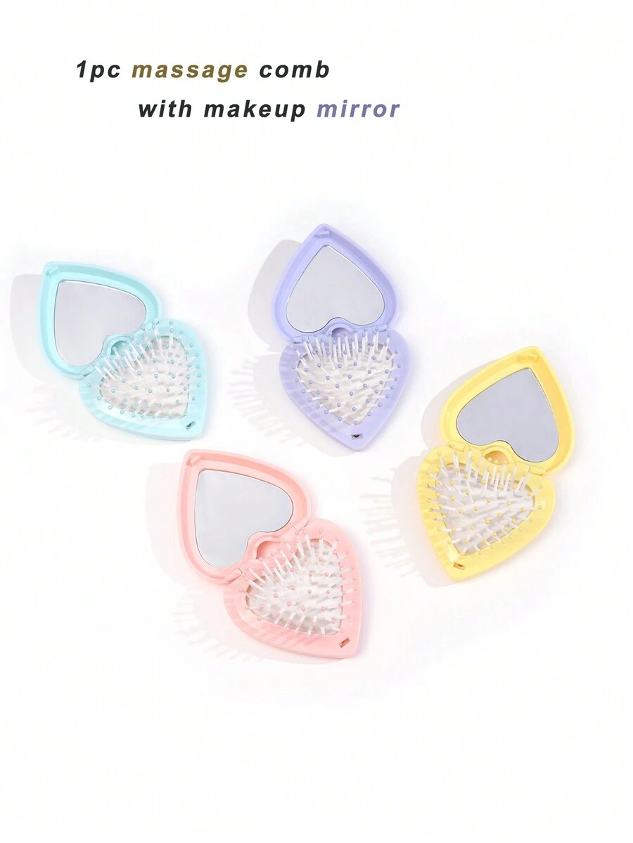 1 chiếc lược chải tóc hình trái tim có thể gấp gọn, dùng để massage da đầu kèm gương trang điểm - Nhiều màu - Xem 1