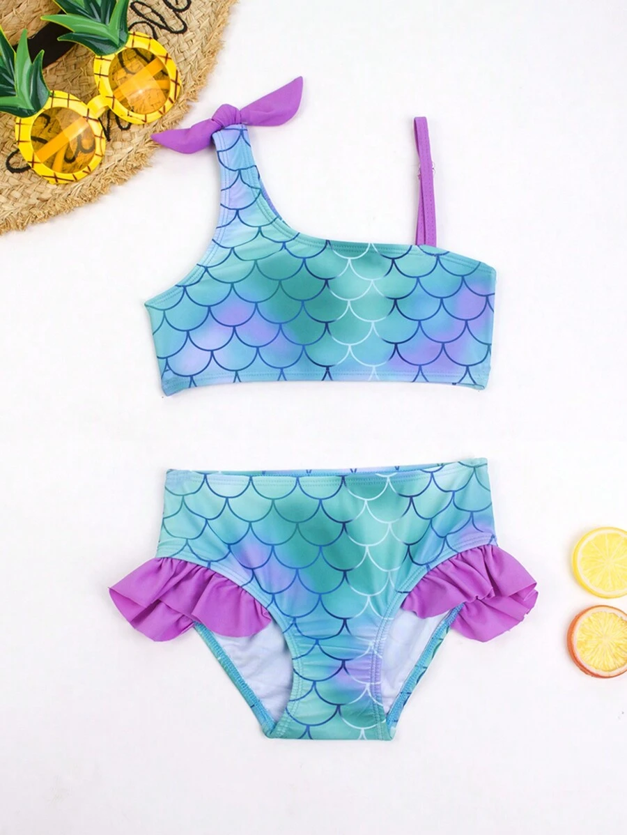 Young Girl 2pcs/Set Mermaid Bikini Set With Color Blocking Fish Scale Print, Fashionable Swimwear For Beach And Pool