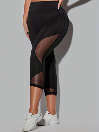 Plus Size Women Mesh Patchwork High Waist Elastic Yoga Leggings, Fitness Gym Workout Tights