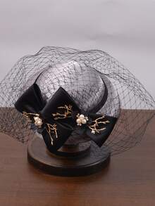 Pequeno chapéu feminino, chapéu preto elegante com véu de rede vintage estilo britânico, perfeito para ocasiões formais, como corridas de cavalos ou festa noturna, adequado para ensaio fotográfico de casamento de noivas. Disponível com laço preto, branco e rosa. - 1140 - Visão 13