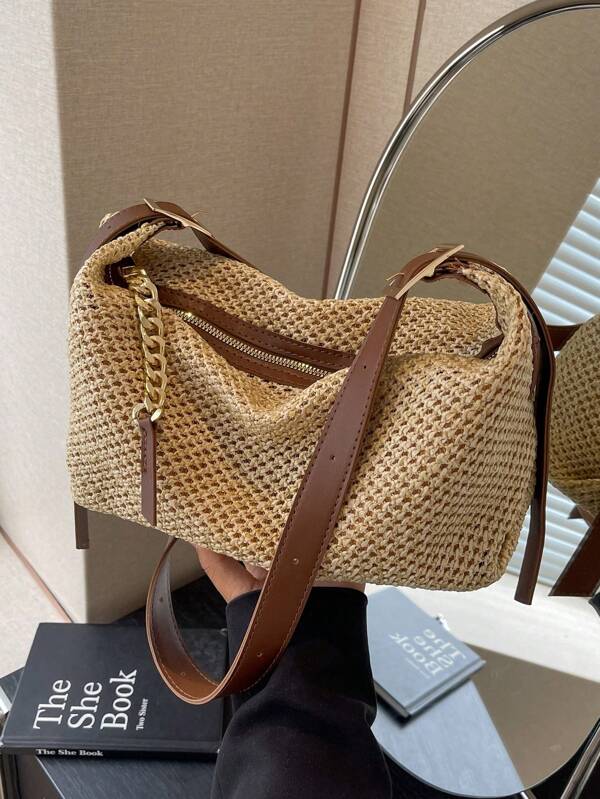 Fashionable Summer Khaki Woven Bag, Simple & Vintage With Chain Strap & Zipper, Shoulder Bag/ Crossbody Bag, Holiday Essentials,Perfect For Travel, Vacation, Holiday & Beach, Summer Straw Beach Bag For Women, Vacation Essentials, Perfectly Matching With Beach Accessories Women, Fashion Summer Vacation Bag, Beach Essentials Women Bags For Vacation & Holiday, Hottest Beach Bags
