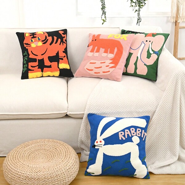 1pc Animal Towel Chain Embroidered Pillowcase (Pillow Inner Not Included), Cute Rabbit, Elephant, Fox, Tiger Embroidered Pillowcase Suitable For All Seasons