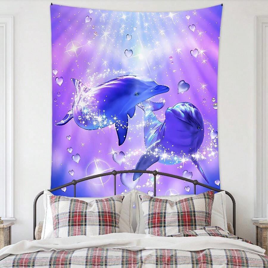 動物海報，海豚游泳海洋畫美麗景色裝飾掛毯牆掛畫布藝海報噴畫藝術裝飾，適用於客廳、臥室、宿舍、辦公室裝飾 - 彩色 - 查看 1