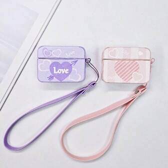 方形彩绘心形耳机盒 兼容 Airpods 2/3/Pro/Pro2，紫色/粉色保护盒