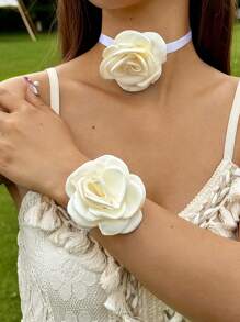 imoli 2 Stücke/Set einfach und frisch Polyester 3D Blumen Armband & Choker Halskette Schmuckset, perfekt als Geschenk für Frauen zum Abend, Valentinstag, Mutter, Muttertag