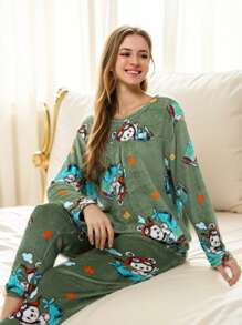 Conjunto de pijamas familiares para mujeres, cómodos y relajados - Verde - Ver 3