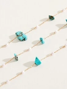 1pc Necklace & 1pc Bracelet Handmade Stone Beads & Pearl Shaped Jewelry Set - Turquoise Pearl Set - View 4