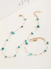 1pc Necklace & 1pc Bracelet Handmade Stone Beads & Pearl Shaped Jewelry Set - Turquoise Pearl Set - View 2