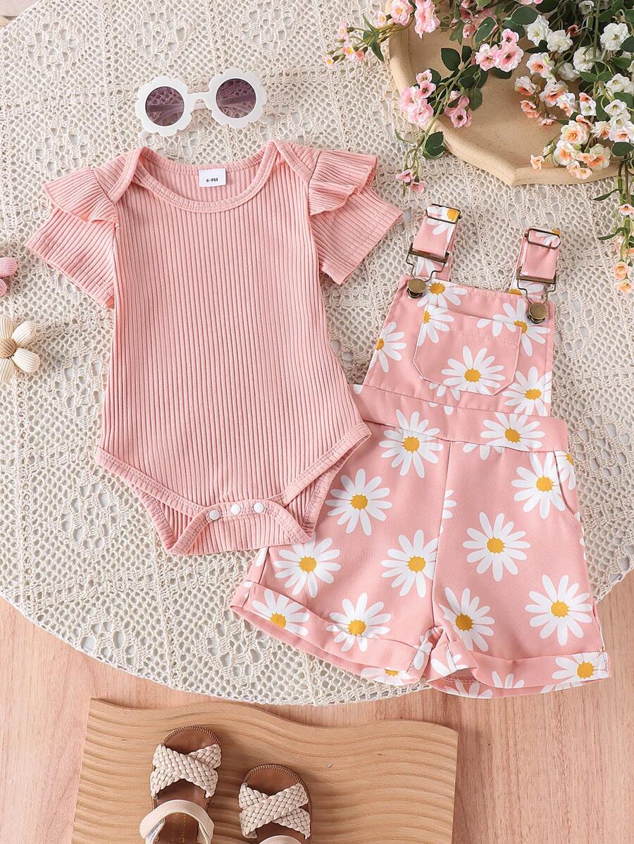 2pcs/Set Cute Short Sleeve Ribbed Romper & Printed Suspenders Shorts Set For Baby Girls, Thin Summer - Pink - View 1