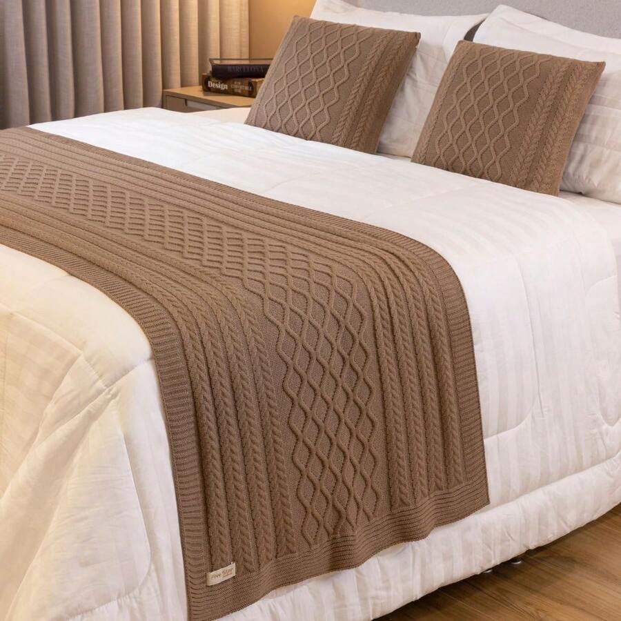 Kit Manta Peseira Tricot Sofá Sala Cama Solteiro Casal Queen King + 2 Capas Trança Trico Florença - Cappuccino - Visão 1