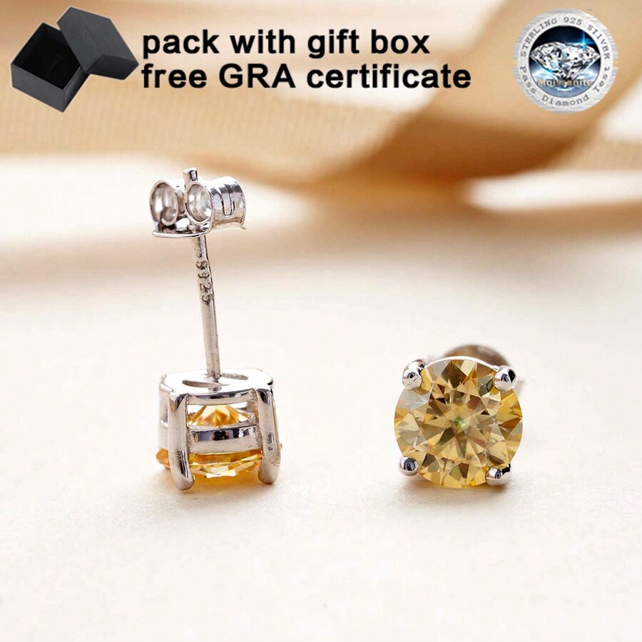 1pair Fashionable Light Yellow Moissanite Stud Earrings, 13 Carats