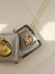 1pc Stainless Steel Waterproof Non-Fading Vintage Gold Color Baroque Faux Pearl Heart Pendant Necklace, Suitable For Women Daily Wear Valentines - Gold - View 2