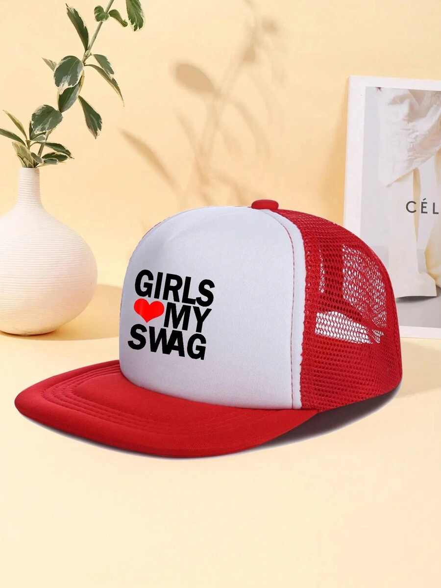 1入組「GIRLS LOVE MY SWAG」字母印花男女通用卡車司機帽，鴨舌棒球帽，可調節寬邊防曬帽，夏季平頂帽 - 彩色 - 查看 1