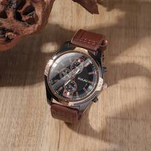 時尚男士假三眼表盤石英手錶套裝（皮帶+太陽眼鏡+錢包+鑰匙扣+手錶+圓珠筆），6件/套，父親節禮物建議 - 棕色 - 查看 4