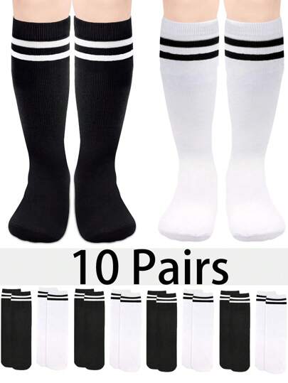10對童裝足球襪，男女童膝上織帶紋管襪，運動長襪，男女童適用