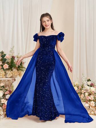 Teen Girl Elegant Off-Shoulder Mermaid Evening Gown With Ruffled Detailing & Flowing Organza Sheer Panels Formal Dresses For Graduation Proms