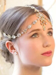 Elegant Luxury Bridal Hair Accessories Crystal Forehead Pendant Headpiece - Gold - View 6