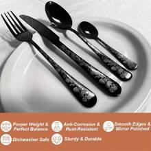 4/16/24PCS Black Cutlery Set, Serves For 1/4, Includes Spoons Forks And Knife, Stainless Steel Flatware For Home Kitchen, Gothic Design Silverware Perfect For Dark&Rock Lover,Mirror Polished, Dishwasher Friendly,Kitchen,Christmas Gift,School Supplies - Black - View 7