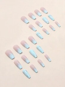 24 piezas de uñas postizas de forma de ataúd de longitud media con degradado verde fresco, con líneas blancas asimétricas, que incluye 1 lima de uñas y 1 juego de uñas de gel de presión