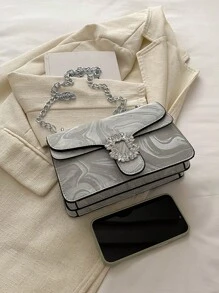 Bolsa de hombro de PU sólida de moda, combinable con todo, diseño casual y sencillo con correas de cadena y doble capa - Plateado - Ver 4