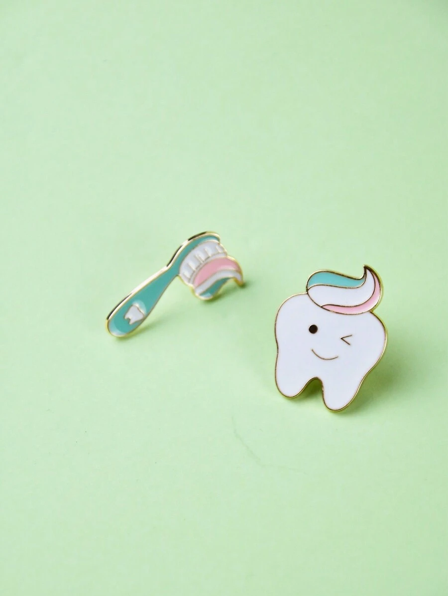 2pcs/Cartoon-Themed Jewelry Set Love Cleaning Toothbrush-Tooth Shape Alloy Enamel Badge Valentines,Mom,Mother,Mother's Day,Gift - Multicolor - View 1