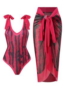 New Retro European & American + Swimwear Set For Women, Wholesale, Conservative Hot Spring Swimsuit, Highly Breathable High Elastic Skin-Friendly Netting, One Size Fits All, Cover Up + One-Piece Swimsuit Summer - Red - View 1