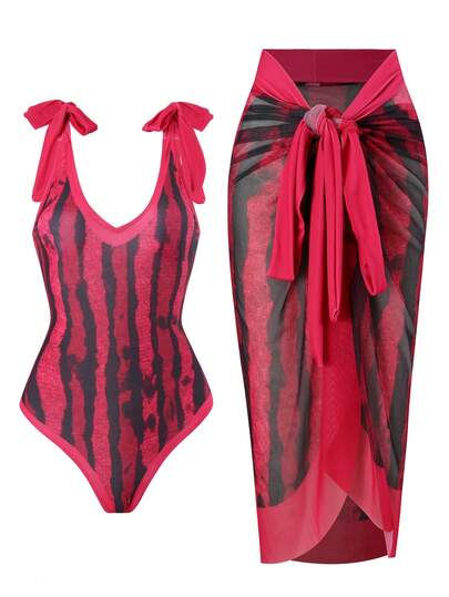 New Retro European & American + Swimwear Set For Women, Wholesale, Conservative Hot Spring Swimsuit, Highly Breathable High Elastic Skin-Friendly Netting, One Size Fits All, Cover Up + One-Piece Swimsuit Summer