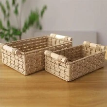 1pc Small Wicker Basket, Suitable For Home Organization And Storage, Kitchen And Bathroom Storage Basket With Handles, Bathroom Countertop Organizer, Kitchen Bathroom Bedroom Living Room Dorm Office Accessory, Home Decoration, Farmhouse Decor