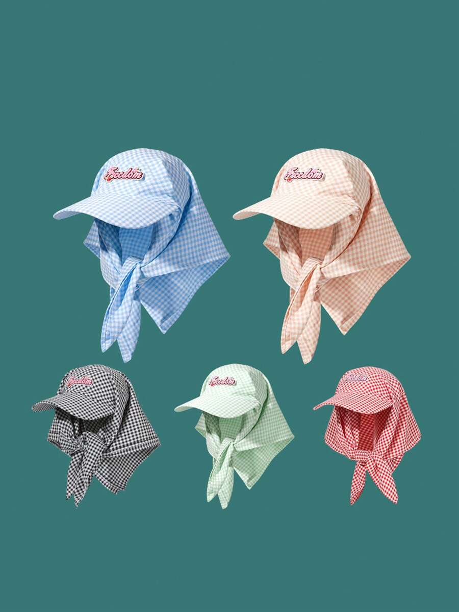 1pc Unisex Quick-Drying Plaid Cap With Letter Embroidery Patch, Sun Hat With Neck Protection, Suitable For Outdoor Activities Like Climbing, Cycling, Casual Wear, Beach Vacation, Everyday Use. - Multicolor - View 1