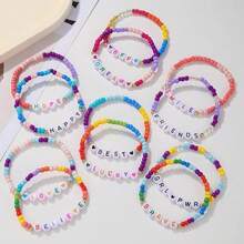 12pcs Women's Bohemian Surfer Bracelet With Colorful Beads & Heart Shaped Letters, Gift For Girls Valentines - Colorful - View 3