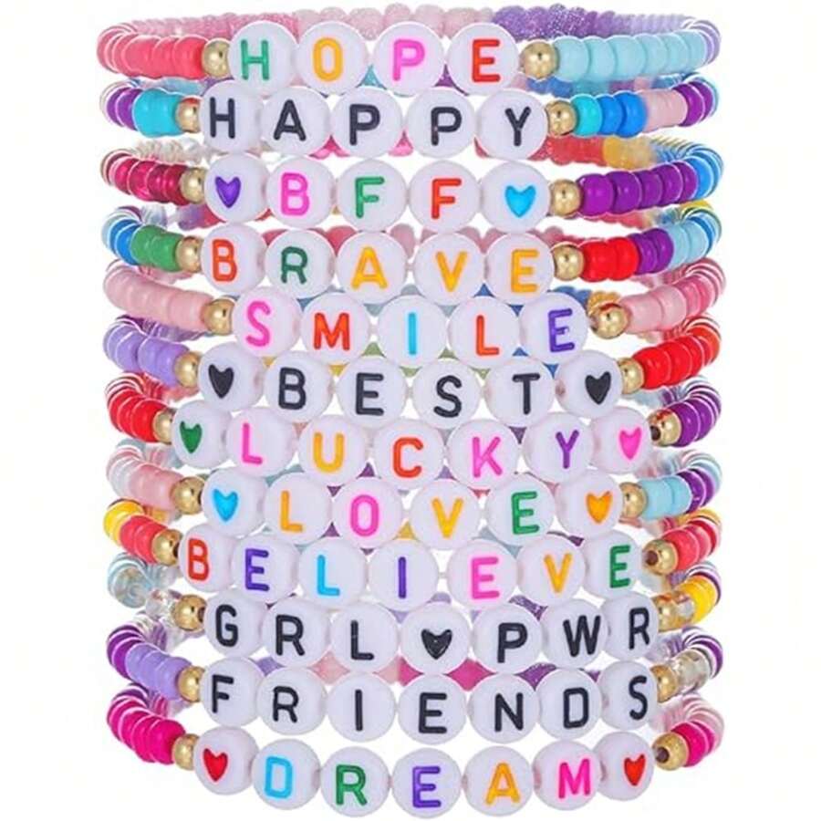 12pcs Women's Bohemian Surfer Bracelet With Colorful Beads & Heart Shaped Letters, Gift For Girls Valentines - Colorful - View 1